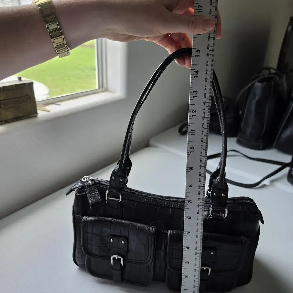 Fossil Shoulder Bag Womens Small Black Croc Embossed Leather Zip Purse Handbag